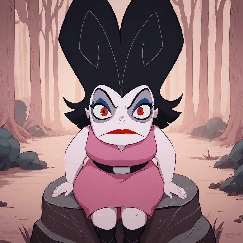 score_9_up, score_8_up, score_7_up, BREAK, Ferocia, solo, 1girl, black hair, red eyes, lipstick, makeup, pink dress, black footwear , <lora:Ferocia_AKindOfMagic_PXL_Leaf2:1>, sitting on rock, arms at sides, forest,