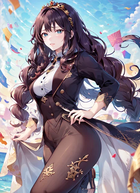 ((best quality)), ((highly detailed)), masterpiece, absurdres, (detailed eyes, deep eyes), (1girl), dynamic pose, upper body, <lora:AnzhcTuxedo:1>, anzhctuxedo, suit jacket, suit pants, princess, ((very long hair)), <lora:big_hair-1.0:1>, big hair, curly hair, light brown hair, large dress, (maxiskirt), <lora:EraseGroinSkirt:1>, tiara, (outside, at the ocean, dawn)
