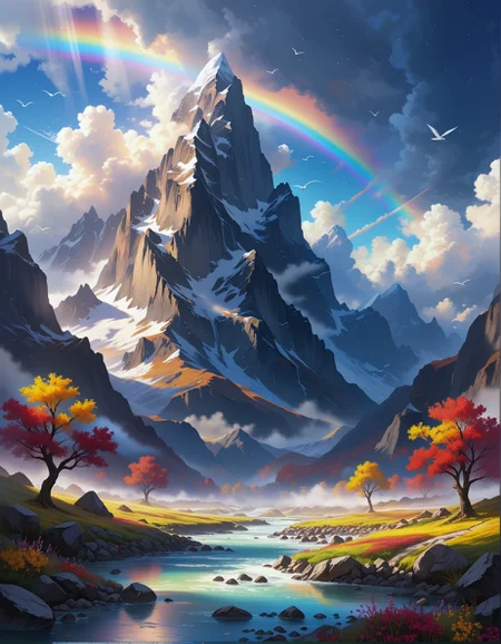 Sci-fi landscape
a rugged mountain peak with jagged rocks, icy winds, treacherous paths,
,
Thunderstorm with anvil-shaped cumulonimbus,
a mystical cloudscape, with swirling mists, vibrant rainbows, and an ethereal atmosphere that feels otherworldly,
Crepuscular rays through cathedral trees,
Fall foliage color explosions,
Salt flat mirror effects,
,
,
Snowfall assembling origami creatures,
Nisio Isin
(masterpiece:1.4), (intricate details:1.4), (hyperrealistic:1.3),(painting:0.9),(ultra detailed:1.4), (8k resolution:1.3), (sharp focus), (dramatic perspective:1.1), (chromatic aberration:0.3), (film grain:0.2),
<lora:JuggerCineXL2:0.3>,
<lora:add-detail-xl:0.3>,
<lora:WildcardX-XL-Detail-Enhancer:0.4>,
<lora:xl_more_art-full_v1:0.7>,
<lora:ClassipeintXL2.1:0.3>,
<lora:Flux-XL_Scenery:0.3> flux-scenery ,
<lora:EnvyDramaticLightingXL01:0.7>
detailxl,