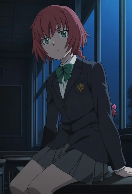 masterpiece,perfect quality,best quality,absolutely eye-catching,absurdres,highres,newest,anime coloring, anime screencap,(1girl,solo),Suou_Pavlichenko, red hair, braid, green eyes, school uniform, blazer, green bow, grey skirt, pleated skirt, expressionless, looking at viewer, sitting on desk, indoors, classroom, dark theme, night, dark