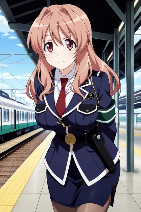 anime screenshot, anime coloring, koumi haruka, 1girl, solo, brown hair, long hair, hair intakes, brown eyes, large breasts, police uniform, blue jacket, white shirt, collared shirt, long sleeves, red necktie, black belt, shoulder belt, green armband, blue skirt, pencil skirt, brown pantyhose, holster, looking at viewer, smile, closed mouth, leaning forward, arms behind back, outdoors, train station, day, blue sky, masterpiece, best quality, high quality, highres, absurdres, <lora:koumi_haruka_ILXL_v2:0.9>
