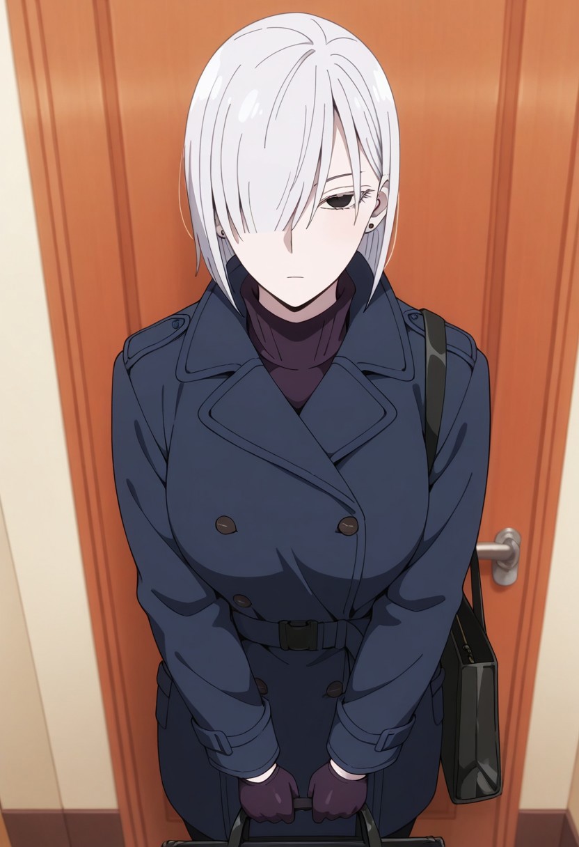 masterpiece,best quality,amazing quality, fiona frost, white hair, short hair, black eyes, 1girl, solo, gloves, coat, jewelry, earrings, hair over one eye, door, blue coat, bag, looking at viewer