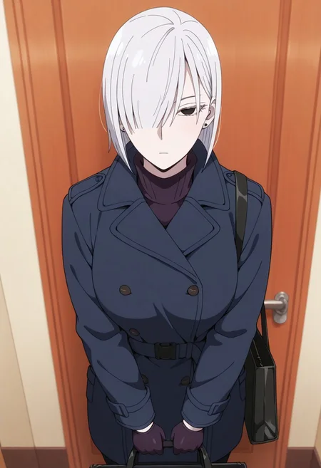 masterpiece,best quality,amazing quality, fiona frost, white hair, short hair, black eyes, 1girl, solo, gloves, coat, jewelry, earrings, hair over one eye, door, blue coat, bag, looking at viewer