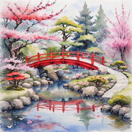masterpiece, best quality, <lora:add-detail-xl:1> <lora:ArsMJStyle_-_Watercolor_SD_1.5_Pony:0.8> ArsMJStyle, Watercolor A serene Japanese garden with a red bridge over a koi pond, surrounded by cherry blossoms and carefully pruned bonsai trees.