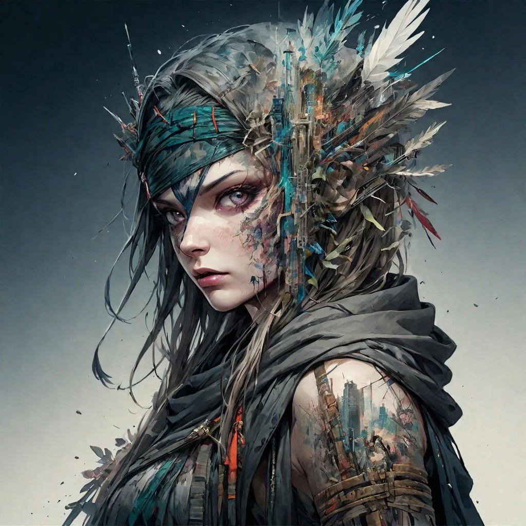 Fierce warrior with sword, by Minjae Lee, Carne Griffiths, Emily Kell, Steve McCurry, Geoffroy Thoorens, Aaron Horkey, Jordan Grimmer, Greg Rutkowski, amazing depth,high resolution, ink painting
