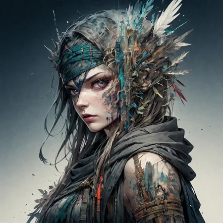 Fierce warrior with sword, by Minjae Lee, Carne Griffiths, Emily Kell, Steve McCurry, Geoffroy Thoorens, Aaron Horkey, Jordan Grimmer, Greg Rutkowski, amazing depth,high resolution, ink painting