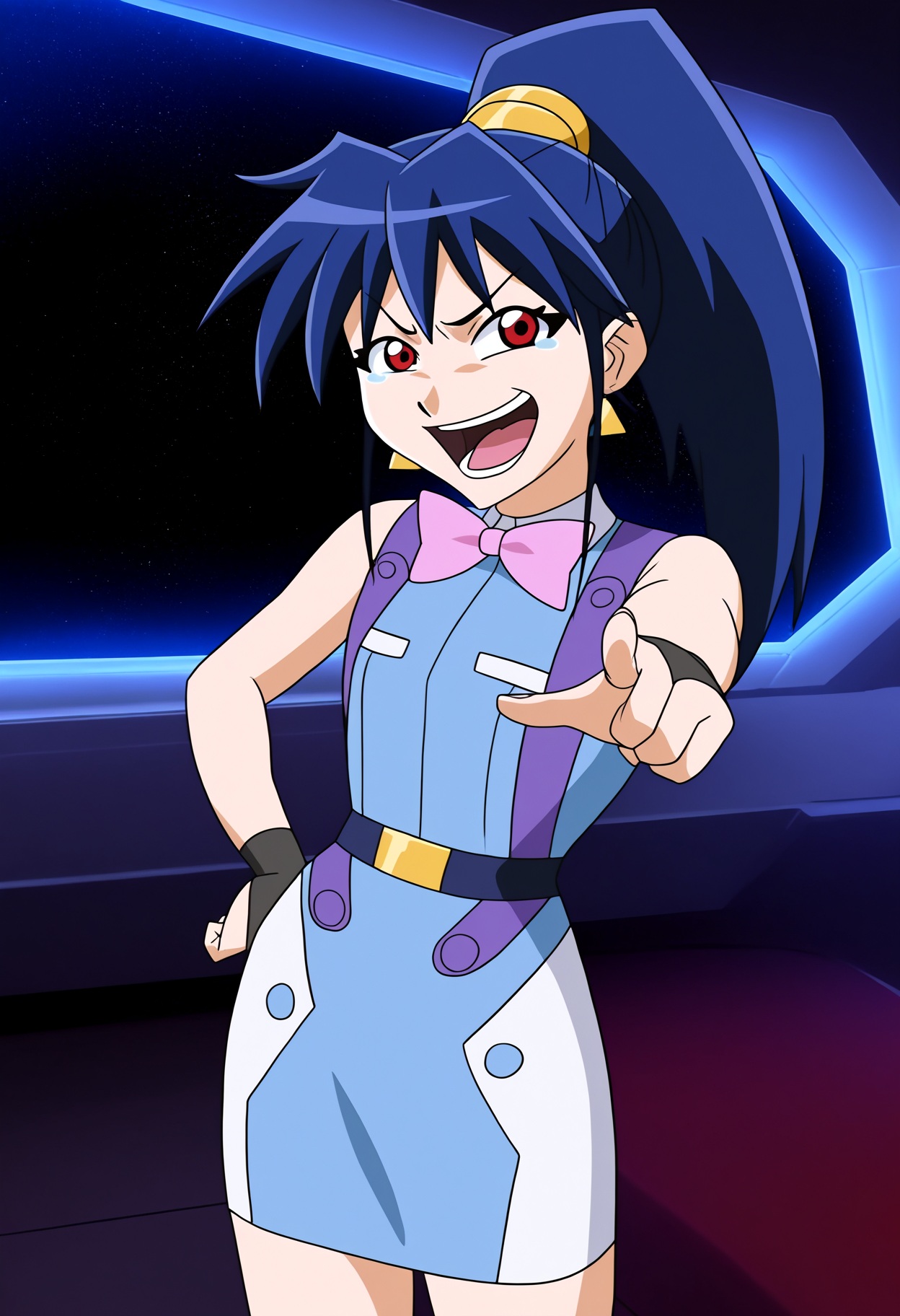 high quality, newest, hires, 1girl, misty cornwell, solo, q-chan,red eyes, looking at viewer, bedroom eyes,open mouth, (laughing:1.15), smug, angry, pointing at viewer, hand over own mouth, tearing up, long hair,  gloves, bow, jewelry, blue hair,  ponytail, earrings, sleeveless, belt, fingerless gloves, bowtie, pink bow, wristband,  vest, pencil skirt, space, indoors, scenery, blue dress,
