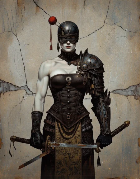 Art by Gerald Brom. A digital illustration shoot from a portrait camera angle about a muscular female character wearing a dark, ornate armor with a blindfold and a red ball on her head, holding a katana. the image also shows a distressed, textured background with cracks. on the middle of the image, a muscular, white-skinned female who appears to be in her mid-twenties, standing confidently with her full body facing the viewer. she is wearing a black, sleeveless, corset-like outfit with the number 9 on it, black gloves, and a black helmet with a red pom-pom on top. her eyes are covered by the blindfold, and she has a serious expression on her face. her body is toned and muscular, with a slim physique. she has short hair and is holding a sword in her right hand. the background is a textured, cracked surface with a muted color palette, giving the image a sense of depth and texture.