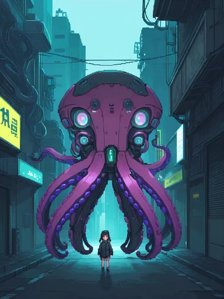 <lora:pixel style-000007:0.8>,pixel style,cyberpunk,Mechanical octopus,1girl,street,