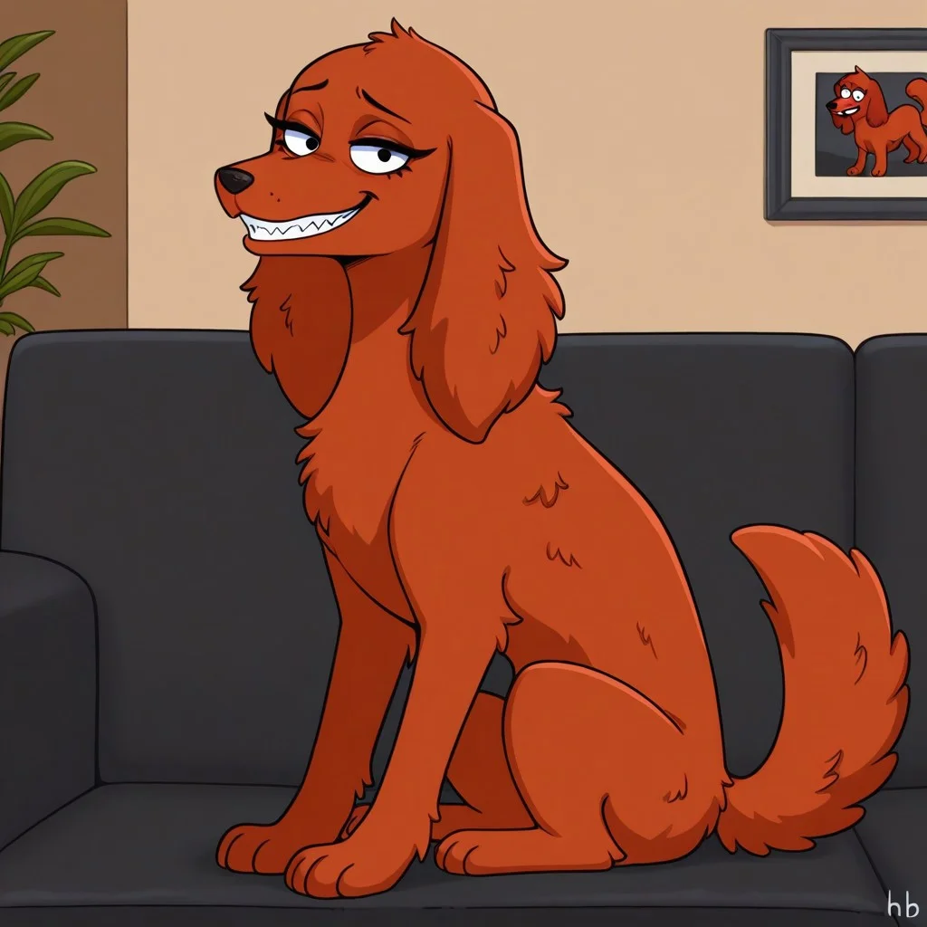 Cherry(HB), Solo, 1girl, feral, dog, Irish setter, red fur, long ears, dog tail, black eyes, eyelashes, full body, looking at viewer, smile, evil grin, sitting on couch, living room background,