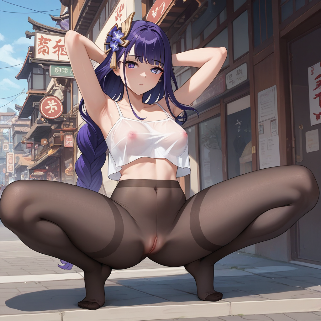 score_9, score_8_up, score_7_up, source_anime, expressive, anime, Artist speedlines, dynamic, 1girl, Raiden Shogun\(Genshin Impact\), squatting, arms behind head, armpit_hair, crop top see-through_legwear pantyhose, see-through, thighband_pantyhose, pantyhose, nudepantyhoseXL, pussy_under_pantyhose, uncensored, pussy, exhibitionism, public, outdoors, sunny, urban