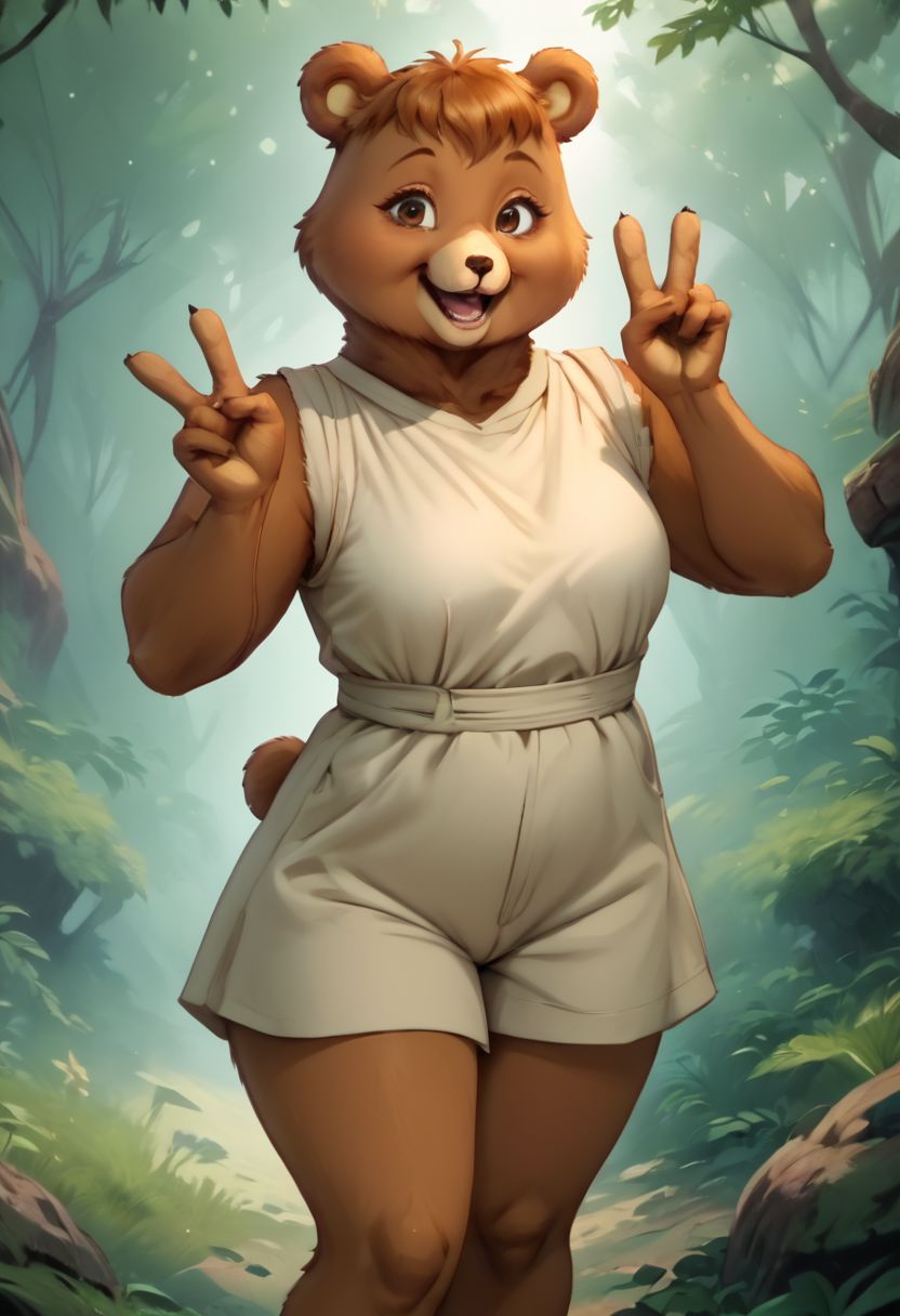 score_9, score_8_up, score_7_up, score_6_up, source_realistic, highly detailed, detailed eyes, Teddy Ruxpin, cartoon bear standing in a forest, looking at viewer, 1girl, solo, anthro, furry, bear, happy, smile, V,