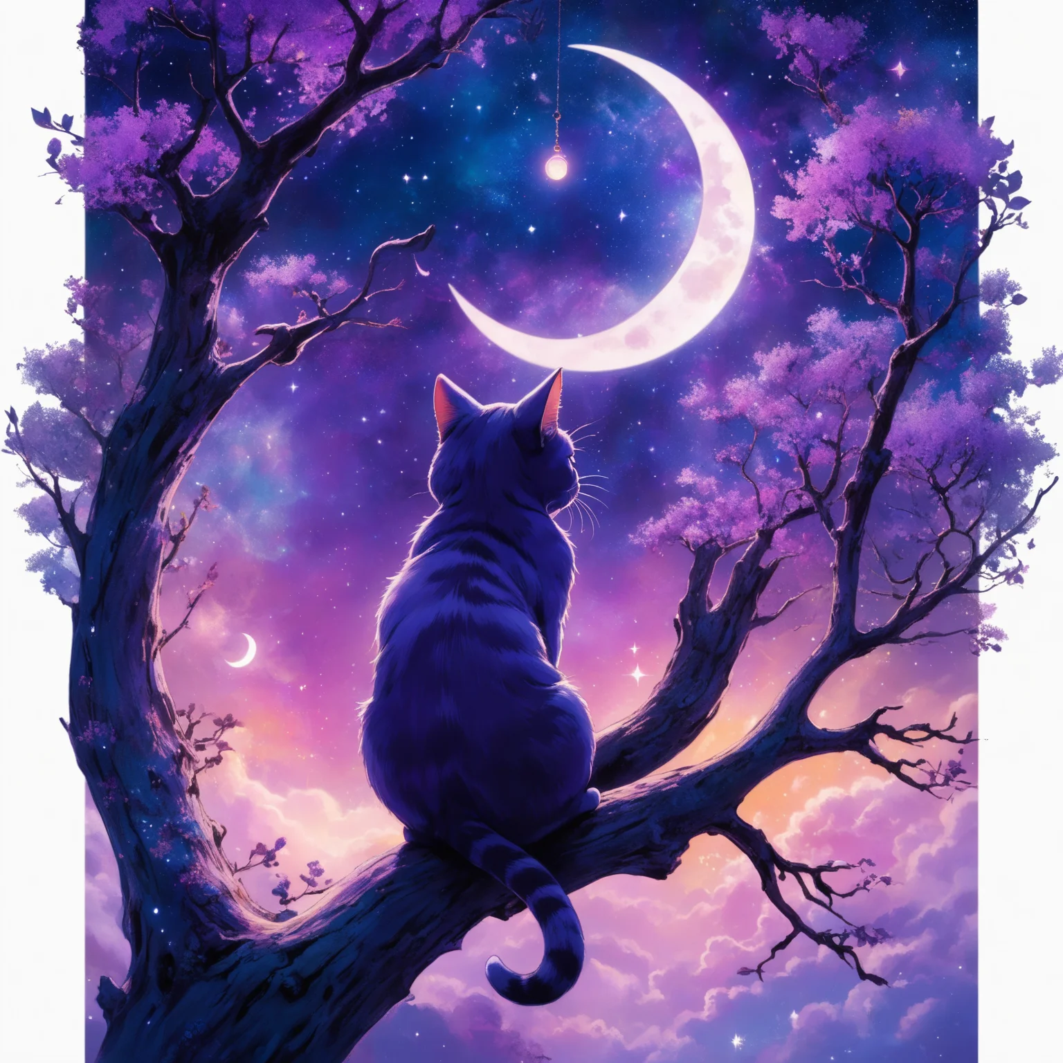 Studio Ghibli anime style, whimsical night scene, cat on a tree branch, crescent moon, surreal purple hues, starry sky, glowing light, ethereal atmosphere, high detail, soft textures, dreamlike, vibrant colors, high contrast