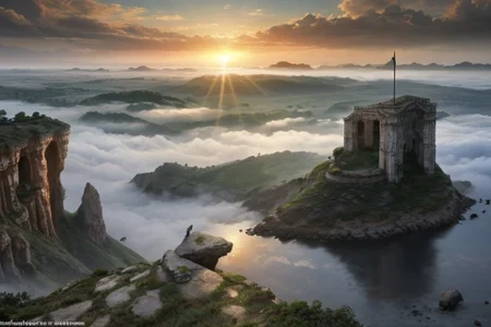 Abandoned mysterios ancient city in foggy on the sea's coast at sunrise, in water stand cliffs and rocks, style by Lovecraft, meticulous, intricate, entangled, intricately detailed
