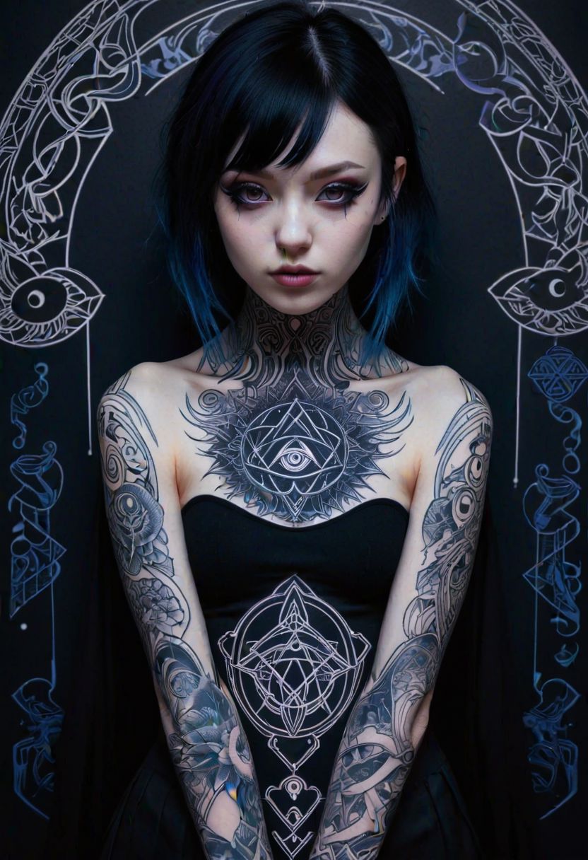 tattooed waifu, blackwork tattoo style, intricate linework, occult symbols, glowing tattoos, shadowed figure, mysterious aura, gothic aesthetic, anime eyes