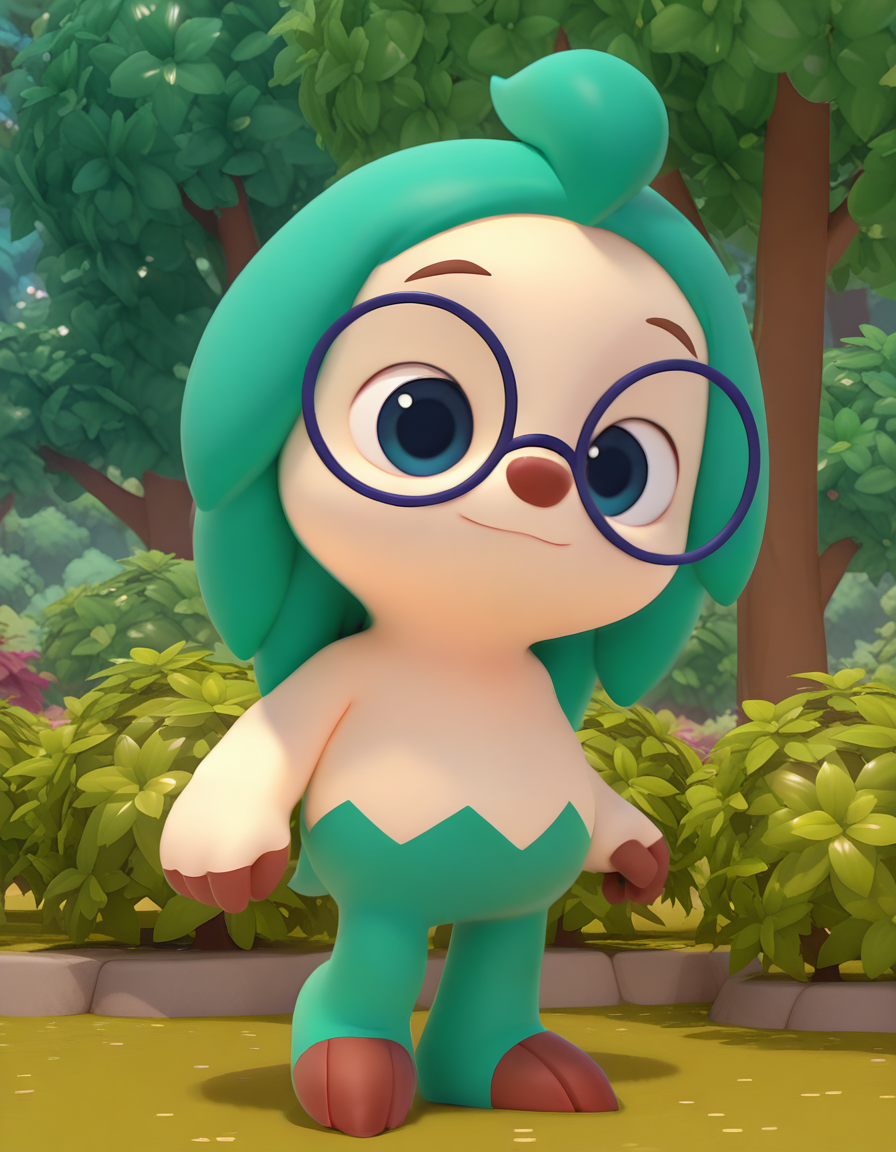 solo, hogipfws, furry, green hair, blue eyes, blue-framed eyewear, full body, outdoors, tree bush, looking at viewer,  <lora:hogi_pfws_IL01-1:1>