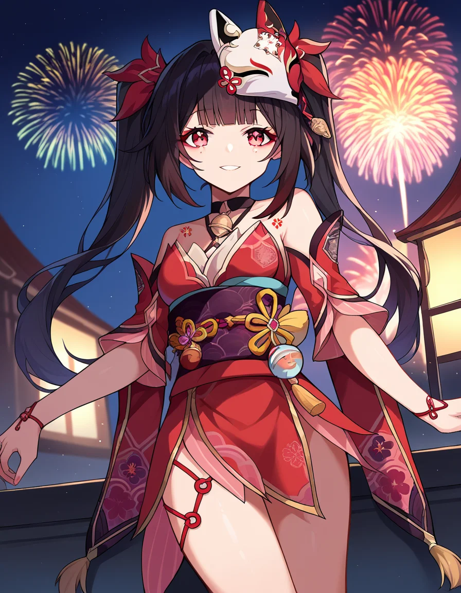score_9, score_8_up, score_7_up, source_anime,
honkaisparkle, <lora:honkai-sparkle-ponyxl-lora-nochekaiser:1>,
sparkle, long hair, bangs, black hair, hair ornament, twintails, red eyes, bell, mask, mask on head, fox mask, smile,
dress, bare shoulders, japanese clothes, sash, tattoo, red dress,
outdoors, fireworks, festival,
looking at viewer, cowboy shot, dutch angle,