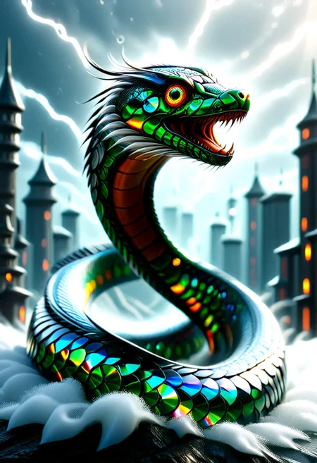 A formidable warrior cyborg with battle scars and marks of past villainy, now overlaid with symbols of heroism and snakes, representing rebirth and transformation.  embodying both a superhero and a redeemed former villain, exuding an aura of power and redemption.   Standing heroically amidst a stormy battlefield, with lightning illuminating the fractal designs on the scale armor (made from Compact Discs). The character, adorned with intricately designed armor that features a hybrid of Damascus steel and fractal art patterns, stands poised for battle. The armor's fractal designs shimmer with mystical energy, merging beautifully with the Damascus steel’s distinctive water-like patterns. His/her piercing snake-like eyes reflect an intense and focused determination. Snakes are an integral part of his/her design, with serpent tattoos coiling around muscular arms and legs, and snake motifs etched into the armor and weaponry. A massive, fractal-designed sword or staff with Damascus steel accents adds to the character's menacing and heroic presence. The overall image is ultra-high definition, with sharp focus on the intricate details, natural lighting, and realistic textures, ensuring the art is neither anime nor comic book style.