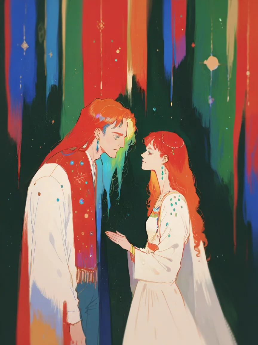score_9, score_8_up, score_7_up, score_6_up, score_5_up, <lora:watXLP:0.7> wat, long hair, 1girl, jewelry, 1boy, colorful, profile