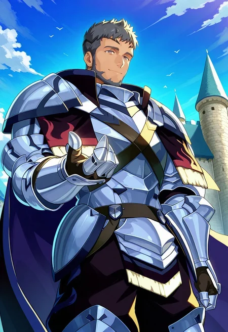 masterpiece, best quality, newest, very awa, extreme detail description, amazing quality, 1boy, solo, muscular male, mauvier_fe, black hair, grey eyes, facial hair, beard, armor, shoulder pads, gauntlets, cape, black pants, leg armor, beckoning, light smile, outside, sunny, blue skies, castle background, from below, dutch angle