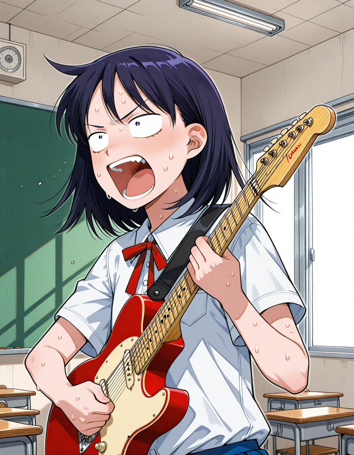 1girl,<lora:kon_hatocchi:1> kon_hatocchi,playing guitar,(sweat:0.6), shouting,school ,inside,