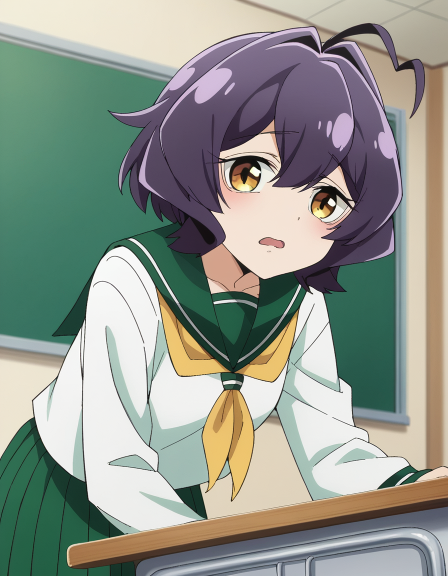 score_9, score_8_up, score_7_up, source_anime,
utenahiiragi, <lora:utena-hiiragi-ponyxl-lora-nochekaiser:1>
utena hiiragi, short hair, yellow eyes, purple hair, ahoge, hair intakes,
skirt, shirt, long sleeves, school uniform, white shirt, pleated skirt, serafuku, sailor collar, neckerchief, green skirt, green sailor collar,
indoors, classroom, bent over,
looking at viewer, dutch angle, cowboy shot