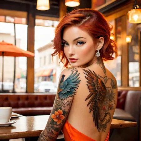 A photorealistic depiction of a graceful lady with a bird tattoo, seated casually in a cozy coffee shop. The shop is warmly lit, with rustic decor and a view of a bustling city street outside. Her tattoo is a vibrant phoenix on her back, visible through an elegant backless dress. Created Using: warm color palette, urban setting, relaxed posture, detailed tattoo art, soft indoor lighting, modern fashion, inviting ambiance, clear focus on the tattoo, glibatree prompt, hd quality, natural look --ar 1:1`