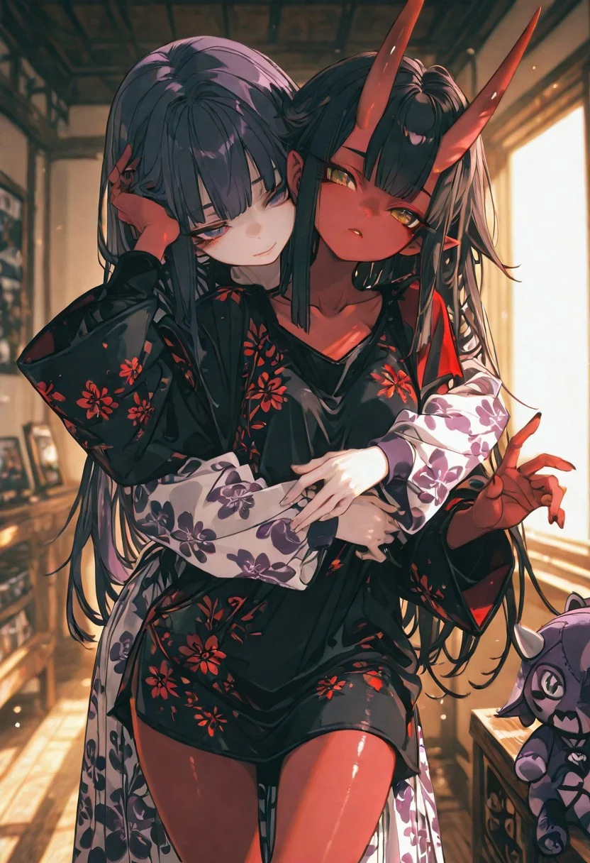 (EyesHD:1.2), (4k,8k,Ultra HD), masterpiece, best quality, ultra-detailed, very aesthetic, sharp focus, depth of field, ray tracing, best lighting, detailed illustration, detailed background, cinematic, beautiful face, beautiful eyes,
BREAK
detailed background, eyelashes, erotic, looking seductive, coy. dynamic action image, detailed face, detailed eyes, direct mesmerizing gaze,
BREAK
(sexy, slutty, hot, aroused),
Aka-Oni, oni, colored skin, (red skin:1.3), straight horns, solo, long hair,
BREAK
long sleeves, dress, hug, floral print, dress, stuffed toy, hug from behind, print dress , only girls , 2 girls,<lora:noobai_ep11_stabilizer_v0.138_fp16:0.3> <lora:ppw_v7_noobVv1.0:0.5> <lora:XXX667:0.5> <lora:lpc_v10:0.4> <lora:CrypticHue:1>