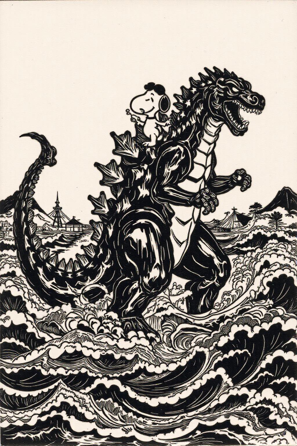 k1ooster black and white drawing of snoopy mounting godzilla, they are coming from the sea ready to attack Tokyo <lora:Flux-Sch-SingleBlocks-BF16:1.0> <lora:Klooster.Noborder.5Cos.D8A4.R20E10:1.0><lora:796086349104120677:0>
