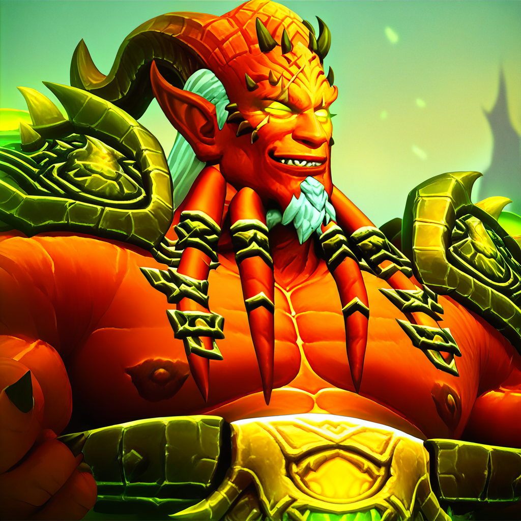 score_9, score_8_up, score_7_up, solo, 1boy, wow_kiljaeden, horns, pointy ears, glow green sclera, red skin, muscular, white hair, white goatee, eye scar,  smirk, bara, huge pecs, portrait, side view, sharp teeth, smirk,