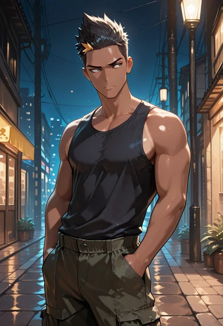 masterpiece, best quality, 32k, high resolution, absurdres, HD32k, masterpiece, 1man, short spiky hair, dark hair, tanned skin, tanktop, cargo pants, hands on pocket, badass expression, night, low lights, outdoor, cowboy shot, masterwork, masterpiece, best quality, dynamic lighting , dynamic pose,, dynamic angle, detailed,