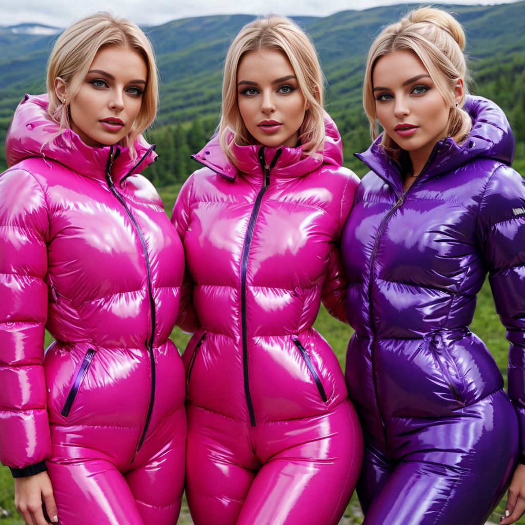 group of swedish professional women wearing a pink and purple  latex downsuit puffer_downsuit , hyperdetailed photography,4k textures,intricate details,4k resolution,  <lora:puffer_downsuit_v1>