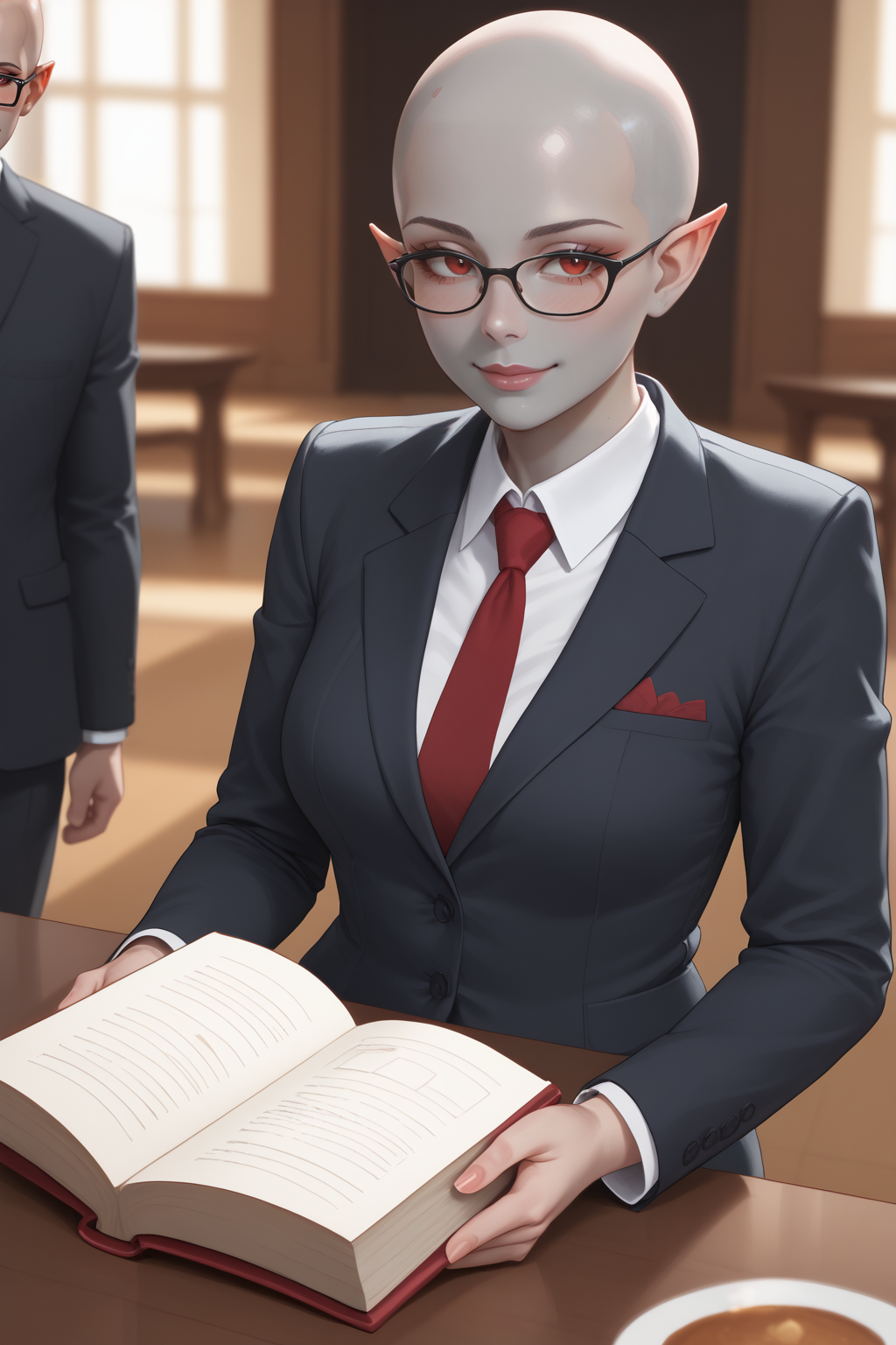 score_9, score_8_up, score_7_up, masterpiece, high quality, BREAK
 <lora:zarielDemonPonyLoRA:0.8>zarmon, bald, pointy ears, grey skin, colored skin, red eyes, suit, jacket, collared shirt, holding books, glasses, shy, blush, faint smile