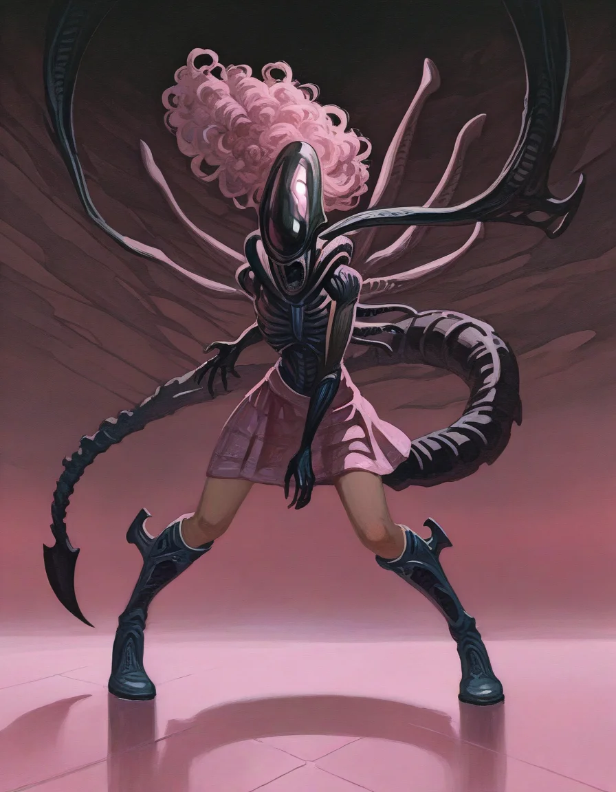 masterpiece, best quality, absurdres, highres, general, 1other, solo, xenomorph, magical-xenomorph, pink-theme, curly-hair, skirt, knee-boots, henshin-pose, nazaruk