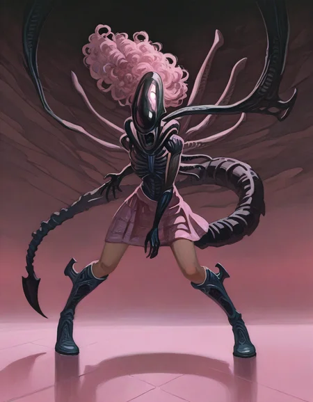 masterpiece, best quality, absurdres, highres, general, 1other, solo, xenomorph, magical-xenomorph, pink-theme, curly-hair, skirt, knee-boots, henshin-pose, nazaruk