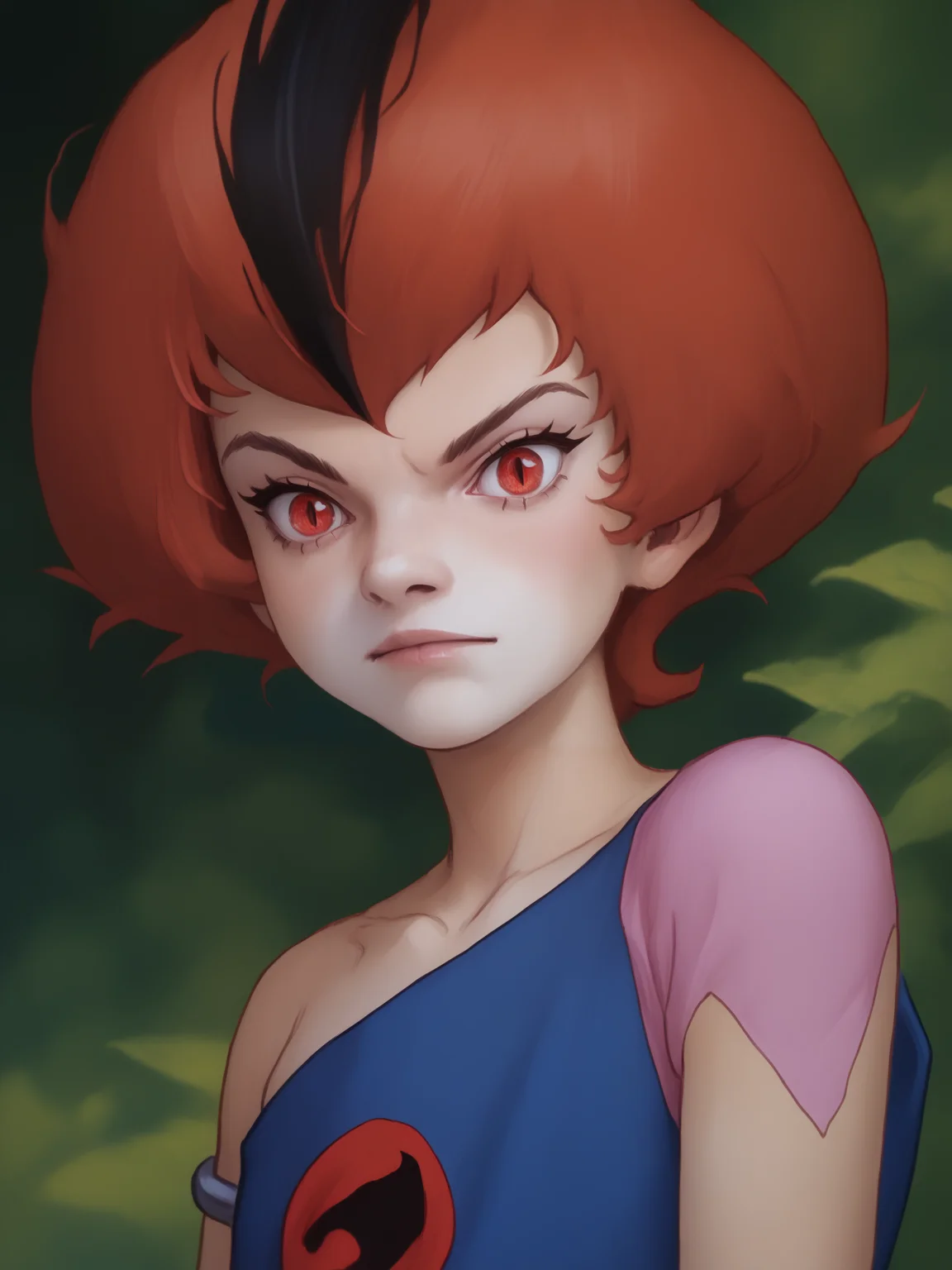 score_9, score_8_up, score_7_up, <lora:10_wilykit_pdxl_16:1> 1girl, solo, w1lyk1t, black striped red hair, red eyes, slit pupils, w1lyk1t tunic, bare shoulder, standing over viewer, mischievous