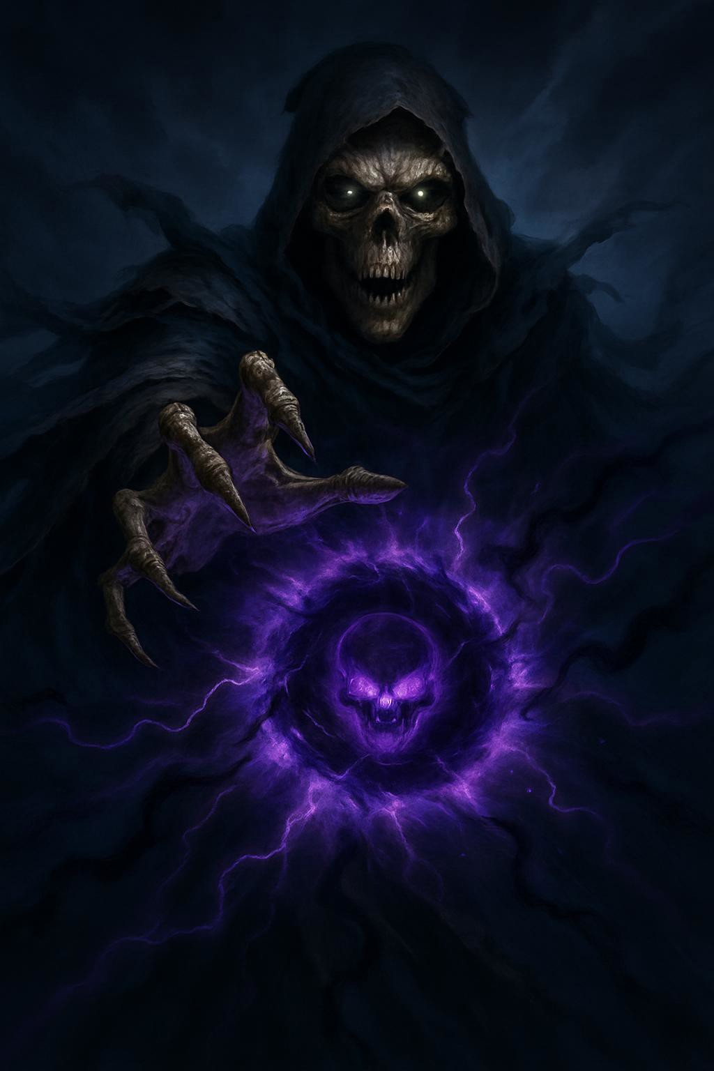 A semi-realistic, high-drama fantasy scene showing a skeletal warlock mid-cast, unleashing a shadow bolt directly at the viewer (POV perspective). The warlock’s decaying bones are wrapped in tattered, dark robes that flow with magical energy. His glowing, hollow eyes lock with the viewer’s as his outstretched bony hand channels a swirling purple vortex of shadow magic, crackling with dark tendrils.

At the center of the spell is a faintly glowing skull, suspended inside the shadow bolt. The spell emits a spectral purple glow, radiating cold energy. The background is moody and dark — no orange hues or warm tones — with cool blues, purples, and dark greys dominating the palette.

The visual style should be semi-realistic with cinematic lighting, sharp magical effects, and no oil painting texture. The spell should feel dangerous and fast-moving, with subtle motion blur toward the edges and a strong visual impact at the center. Avoid stylization, soft filters, or painterly brush strokes. Emphasize intensity, cold power, and dramatic contrast.