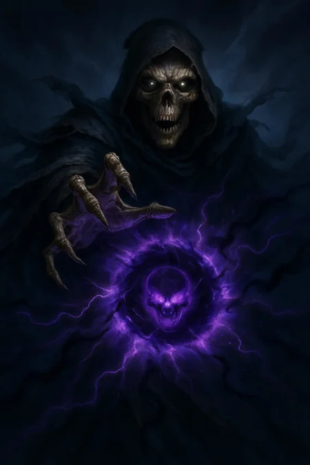 A semi-realistic, high-drama fantasy scene showing a skeletal warlock mid-cast, unleashing a shadow bolt directly at the viewer (POV perspective). The warlock’s decaying bones are wrapped in tattered, dark robes that flow with magical energy. His glowing, hollow eyes lock with the viewer’s as his outstretched bony hand channels a swirling purple vortex of shadow magic, crackling with dark tendrils.
At the center of the spell is a faintly glowing skull, suspended inside the shadow bolt. The spell emits a spectral purple glow, radiating cold energy. The background is moody and dark — no orange hues or warm tones — with cool blues, purples, and dark greys dominating the palette.
The visual style should be semi-realistic with cinematic lighting, sharp magical effects, and no oil painting texture. The spell should feel dangerous and fast-moving, with subtle motion blur toward the edges and a strong visual impact at the center. Avoid stylization, soft filters, or painterly brush strokes. Emphasize intensity, cold power, and dramatic contrast.