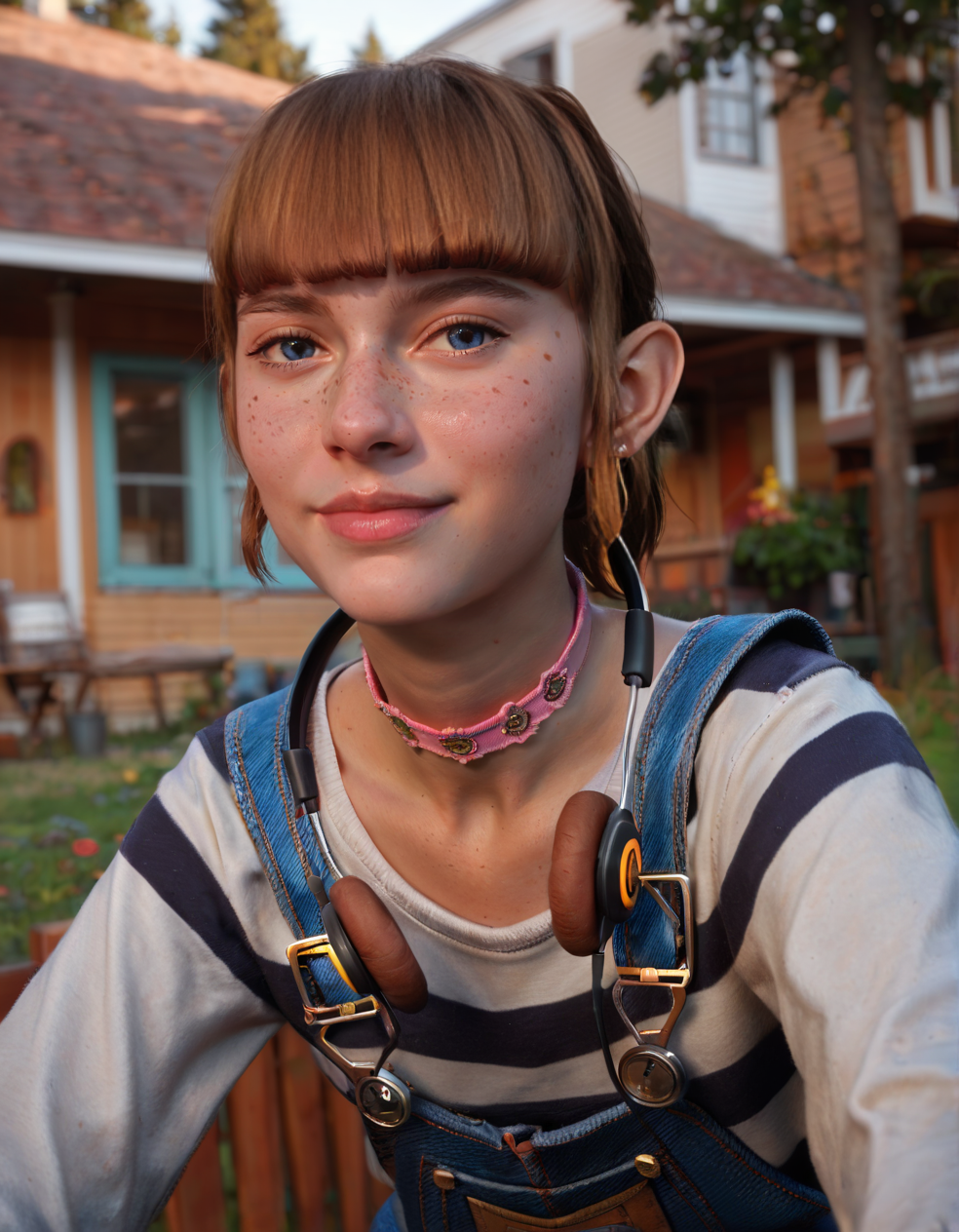 CyberRealisticPony_POSV1, <lora:kat_v1.9-000013:0.8>, k4tgirl, 1girl, young, dark blue eyes, brown hair, short ponytail, sidelocks, blunt bangs, freckles, pink choker, headphones around neck, striped shirt, blue overalls, looking at viewer, looking at viewer, outside, house, depth of field, <lora:StS_PonyXL_Detail_Slider_v1.4_iteration_3:3>