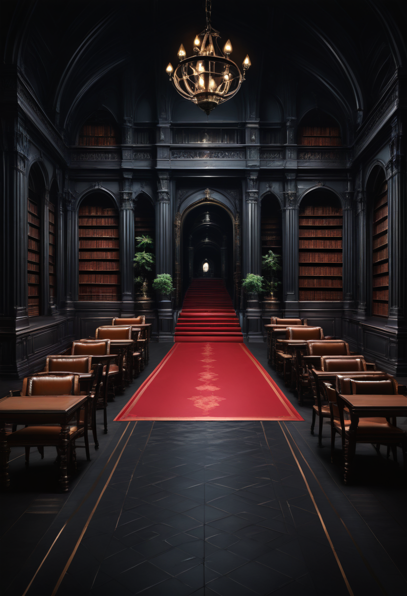 masterpiece, best quality,  d4rk4c4dem1a,   indoors, dark theme, tree, no humans, window, chair, table, plant, library, red carpet, candlestand, chandelier, books, dim lighting, BREAK, subsurface scattering, soft lighting, contemplative expression, dark background, subtle makeup, high-resolution, detailed texture, emotional depth, dramatic mood, side profile, serene atmosphere, cinematic lighting.   ,<lora:DarkAcademia_IXL:1.0>,