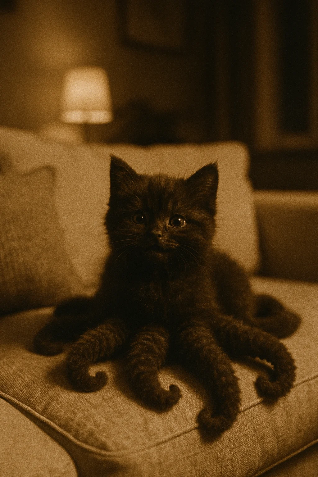 (archival preset) in a cosy room on a cosy white/beige sofa, a cute fluffy black kitten hybrid with 8 fluffy octopuss legs, happy cute, Shot on Eastmann 100t film, the image quality is grainy and high contrast, with shallow depth of field and cinematic look, epic and dramatic shot, very nostalgic.