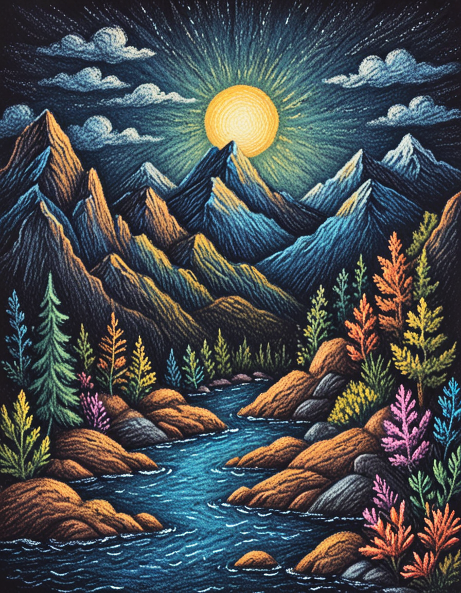 Mountains and Sea  novuschroma13 style oil pastels on black <lora:novuschroma13 style_2:1> <lora:sdxl_lightning_8step_lora:1>