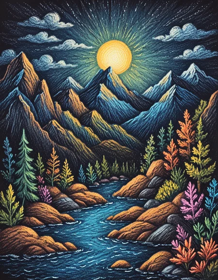 Mountains and Sea novuschroma13 style oil pastels on black <lora:novuschroma13 style_2:1> <lora:sdxl_lightning_8step_lora:1>