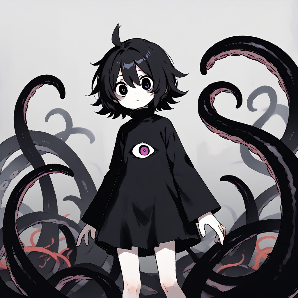 <lora:Mammon:1> 1girl, solo, black hair, ahoge, short hair, long sleeves, tentacles, black eyes, white skin, colored skin, black dress
