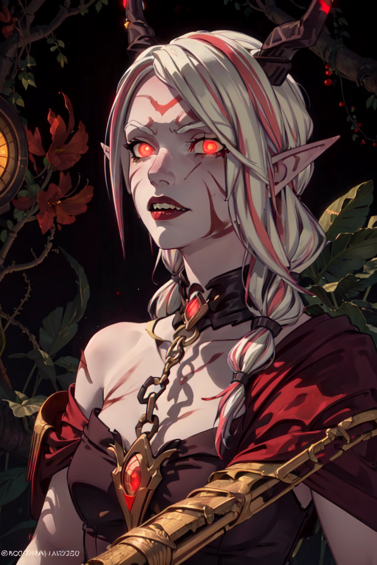 Bloodmoon Huntress, elf, horns, one broken horn, sharp teeth, (red background), (blood floating around subject, red magic:1.2), (red glowing eyes:1.5), dark room, (realistic:1.2), (masterpiece:1.2), (full-body-shot:1),(Cowboy-shot:1.2), dark romantic lighting, (highly detailed:1.2), (detailed face:1.2), (gradients), colorful, detailed eyes, (natural lighting:1.2), solo, <lora:add_detail:0.3> <lora:DragonPrince_BloodmoonHuntress-10:0.6> <lora:BeautifulEyes:0.3>