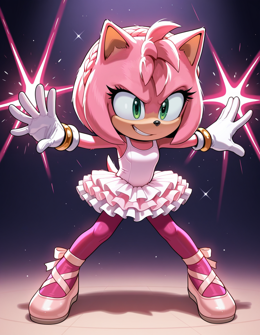 1girl, solo, full body, no humans,
<lora:Movie-Amy:1> movieamy, pink fur, green eyes, animal nose, body fur, hedgehog tail, petite, short legs, short hair, bob cut,
white gloves, ballerina costume, frilly leotard, layered tutu, pink pantyhose, ballet slippers, braided bun,
standing, vigorous stance, open arms, excited smirk, sparkling energy, extremely detailed, highres, masterpiece, best quality