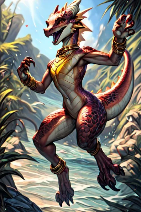 scalie, (female kobold:1.3), (detailed dark red scales:1.3), detailed scales, intricate scales, (small breasts), (nude), (detailed face), (detailed clear eyes:1.3),  claws, open mouth, grin, (fangs:1.3), cute, young, muscular, athletic,
dynamic pose, ((sexy pose)), dancing,
by sorc, by crestfallenartist, by personalami, by ecmayor,
<lora:addmoredetails:0.5>
<lora:FurryCore:0.8>
<lora:kobold:0.8>
<lora:dragon:0.5>
<lora:Velociraptor_Dino:0.3>
(golden bracelet, golden anklet, golden necklace, golden earrings, iridescent gold, collar, golden tiara, golden crown),
on the beach, sunshine, in the water, coast, swimming, underwater, floating, jumping,
(ambient light on the body), Ray tracing,
masterpiece,  8k, 4k, warm lighting, best quality, hi res, 
concept art, highly detailed, (hi res), ((masterpiece)), ((best quality)) , ultra realistic, (intricate:0.9), (high detail), film photography, cinematic composition,