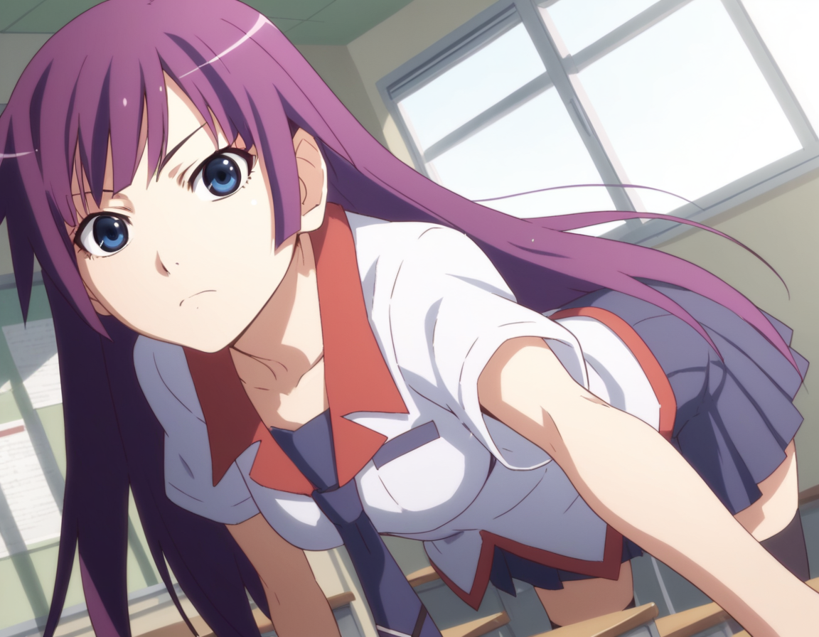 score_9, score_8_up, score_7_up, source_anime,
hitagisenjougahara, <lora:hitagi-senjougahara-anime-ponyxl-lora-nochekaiser:1>,
senjougahara hitagi, bangs, long hair, blue eyes, purple hair,
skirt, thighhighs, school uniform, necktie, black thighhighs, zettai ryouiki, naoetsu high school uniform,
indoors, classroom, bent over,
looking at viewer, cowboy shot, dutch angle,