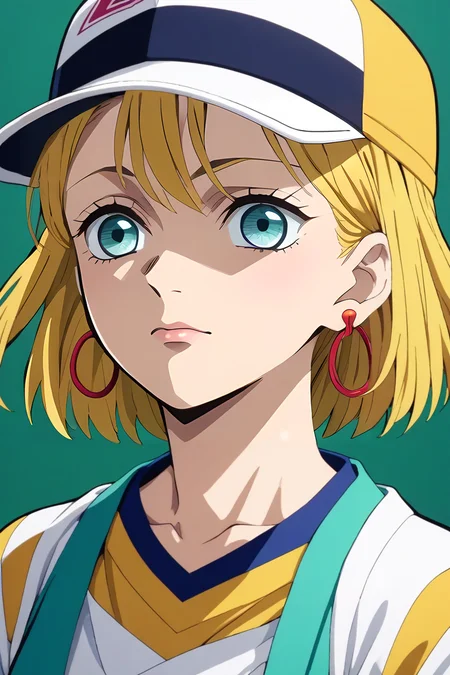 score_9, score_8_up, score_7_up, source_anime, intricate details, anime screencap, , official style, looking at viewer, upper body, depth of field, 1girl, aqua eyes, baseball cap, blonde hair, closed mouth, earrings, green background, hat, hoop earrings, jewelry, looking at viewer, shirt, short hair, simple background, solo, upper body, yellow shirt, solo, Secret Society, <lora:kimetsu_no_yaiba_style_pony:0.84>, kimetsu_no_yaiba_style, <lora:sdxl_lightning_8step_lora:1>,