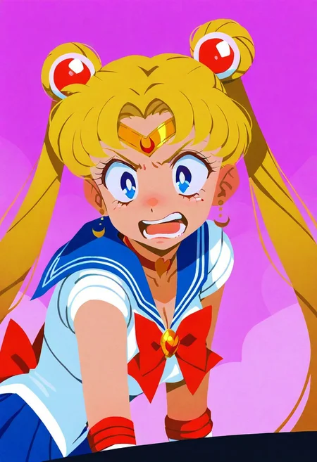 masterpiece, best quality, amazing quality, absurdres, colorful, no lineart, fisheye view.
sailor moon, blonde hair, blue eyes, open mouth, aggressive, surprised, angry.
pink background